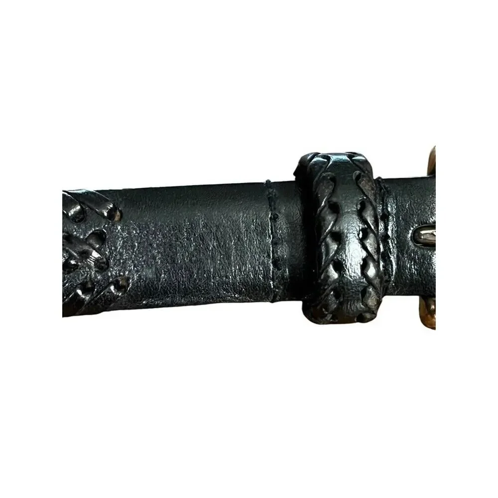 Talbots Womens Black Woven Leather Adjustable Belt Solid Brass Buckle XL 36-41